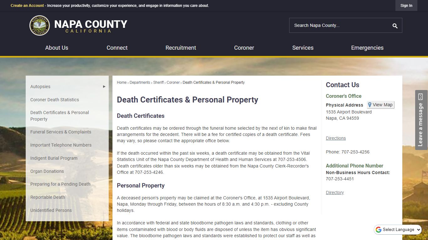 Death Certificates & Personal Property | Napa County, CA