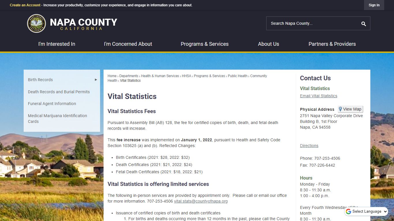 Vital Statistics | Napa County, CA